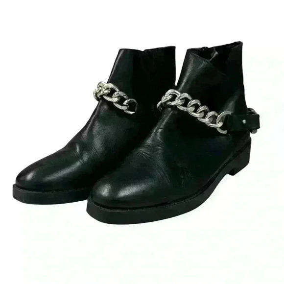 Zara Shoes - Zara Black Leather Chain Detail Flat Ankle Moto biker Boots EU37 EUC